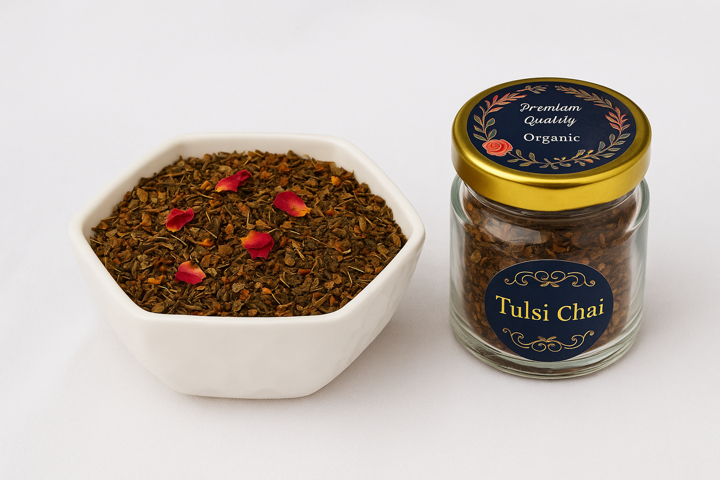 Premium organic Tulsi Chai displayed in a bowl with rose petals and a decorative jar beside it