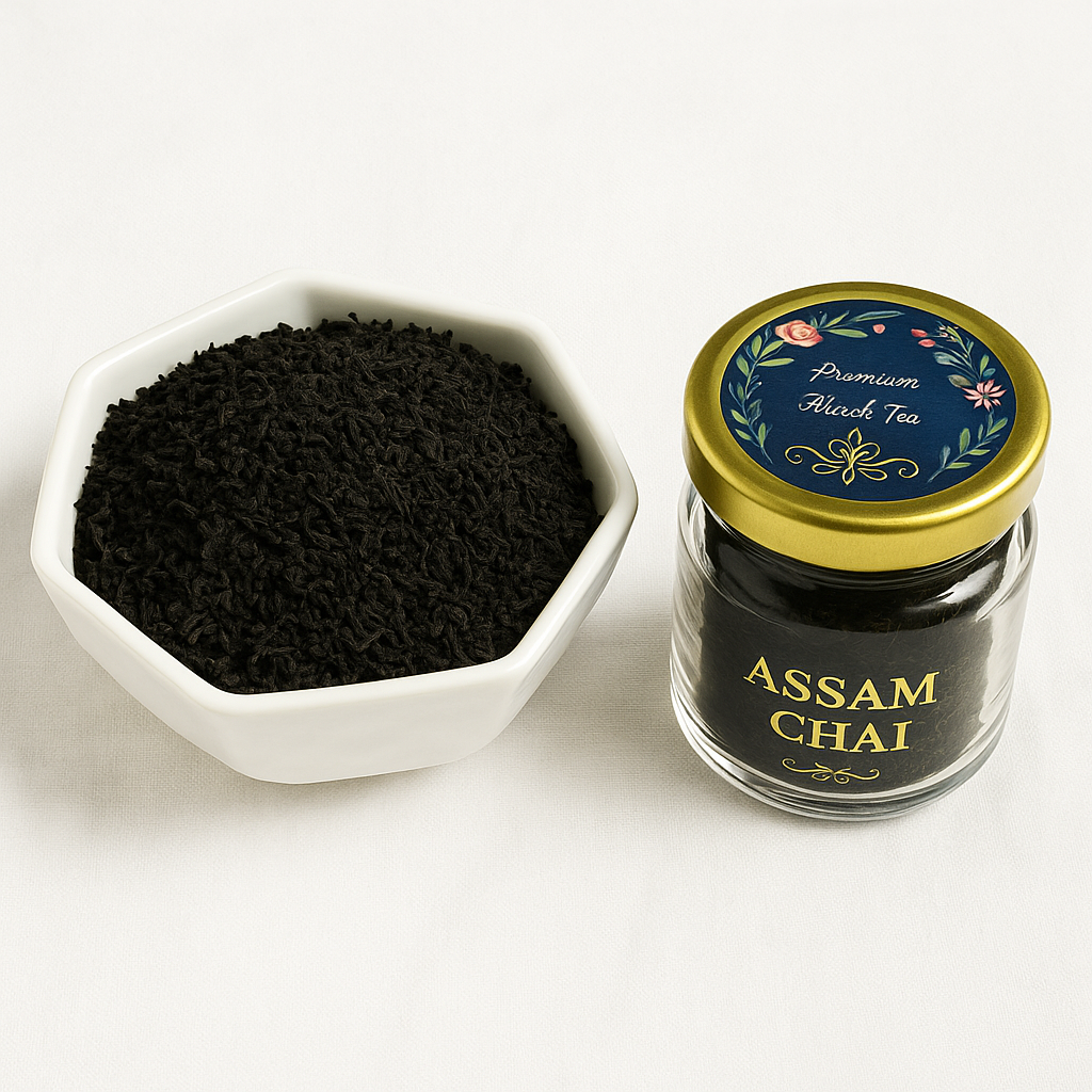 Chai Street Assam black tea mix in a bowl alongside its branded glass jar
